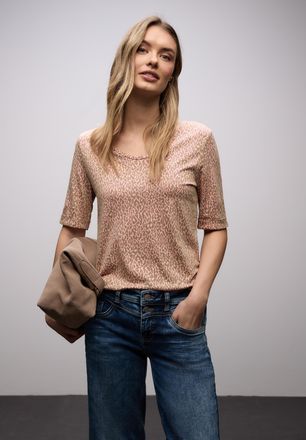 Street One Kurzarmshirt STREET ONE, Damen, Gr. 34, light apricot, Jersey, Obermaterial: 50% Baumwolle, 50% Modal, tailliert h&uuml;ftbedeckend, V-Ausschnitt, Shirts K