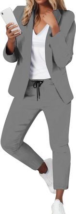 Generic Womens Trouser Suits Elegant Business Plain Wedding Suit Ladies Summer Dressy Button Office Formal Work Blazer Jacket and Wide Leg Trousers Set 2 Piec