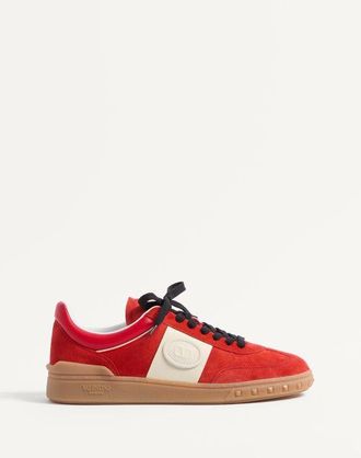 Valentino Garavani Upvillage Low Top Trainer In Split Leather And Calfskin Nappa Leather Man CORAL/IVORY 40.5