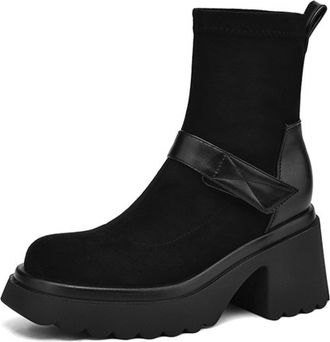 Generic Womens Elastic Sock Ankle Boots Suede PU Leather Contrast Upper Chunky Nonslip Wear Resistant Sole Comfortable Platform Heel For Daily Casual Streetwe