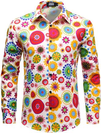 JOGAL Mens Regular fit Floral Dress Shirt Long Sleeve Printed Casual Button Down Shirts White Multicolor 3X-Large