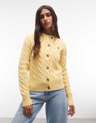 Polo Ralph Lauren cardigan in lana a trecce con logo icon giallo
