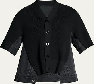 sacai Mixed-Media Denim Short-Sleeve V-Neck Cardigan