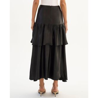 LaMarque CHALINA | Ruffle Satin Midi Skirt in Black at Nordstrom, Size Xx-Small