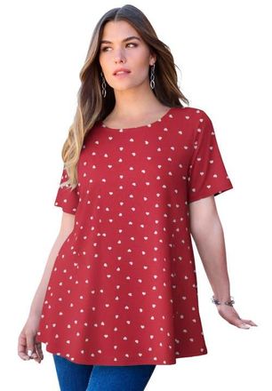 Roaman's Plus Size Ultimate Cotton Crewneck Short Sleeve Swing Tee in Red Mini Hearts at Nordstrom, Size Small