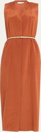 Lafayette 148 New York Sleeveless Stretch Silk Midi Dress with Leather Belt