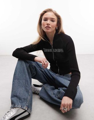 True Religion Maglione nero a collo alto con zip e logo con strass