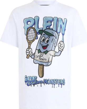Philipp Plein Round Neck T-Shirt Ice Cream Tennis - Heren - T-shirts - Wit - S - Katoen - Tops