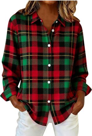 Generic Womens Classic Plaid Shirts Cotton Long Sleeve Button Down Flannel Checked Blouse Loose Oversized Casual Check Tops Ladies Lightweight Shirt for Sprin