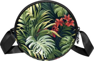 Generic Circle Crossbody Bag for Women, Tropical Plants Small Sling Bag Daypack with Zipper Adjustable Shoulder Straps Casual Ladies Girls Round Purse