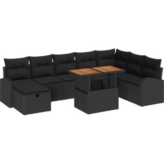 vidaXL Conjunto De Sof&aacute; De Jard&iacute;n 9 Pcs Negro Rat&aacute;n Sint&eacute;tico