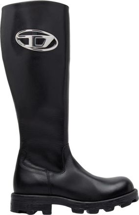 Diesel Glanzende leren laarzen met logo-embleem - Dames - Hoge Laarzen - Zwart - 41 EU - Leer - Schoenen