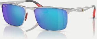 Ray-Ban RB3726M Scuderia Ferrari Collection - Occhiali da sole rettangolari argento con lenti blu a specchio polarizzate
