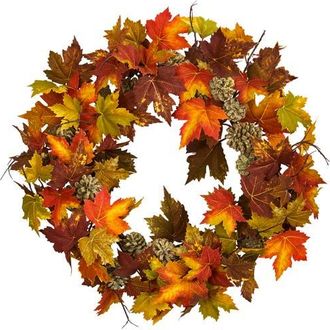 Nearly Natural 24-in Maple and Pinecone Wreath in Orange at Nordstrom