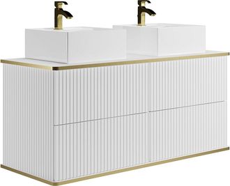 Vente-Unique Mueble de baño suspendido estriado con ribete dorado y doble lavabo sobre encimera - blanco - 120 cm - KELIZA