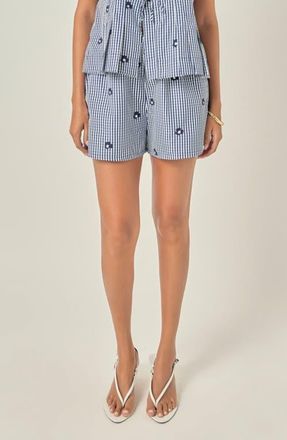English Factory Embroidered Gingham Shorts in Navy at Nordstrom, Size X-Small
