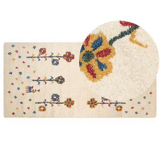Beliani Alfombra Gabbeh De Lana Beige Azul Rojo Amarillo Verde 80 X 150 Cm A Mano Floral Husunlu