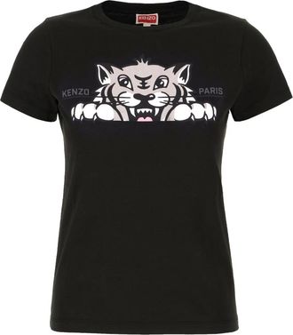 Kenzo Smiling Tiger T-Shirt met Ronde Hals - Dames - T-shirts - Zwart - XS - Katoen - Tops