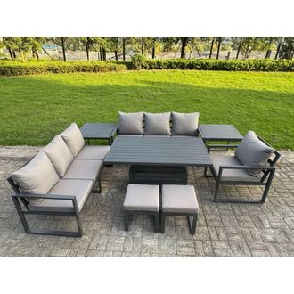 Fimous Aluminum 9-Seater Sofa Dining Set with Lifting Table, 2 Side Tables in Dark Grey