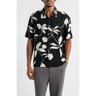 Open Edit Slub Rayon Short Sleeve Button-Up Resort Shirt in Black- Ivory Leafy Modern at Nordstrom, Size X-Large