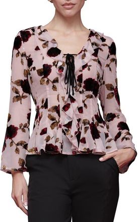Avec Les Filles Ruffle Trim Floral Print Shirt in Rose Burnout at Nordstrom, Size X-Small