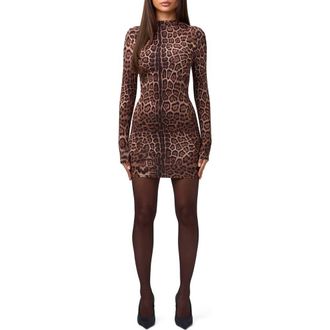 Naked Wardrobe Print Long Sleeve Body-Con Minidress in Brown Leopard at Nordstrom, Size X-Small