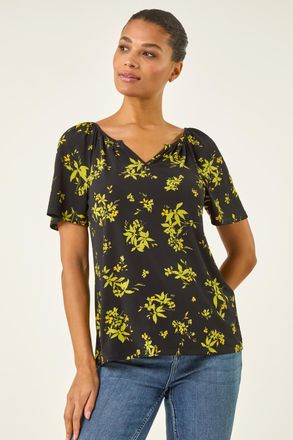 Roman Floral Print Gathered Stretch Top