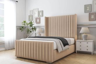 Comfort Beds Chester Plush Bed Frame - 50 Upholstered Wingback Headboard in Stone | Size: Single