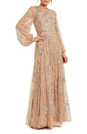 Mac Duggal Embellished High Neck Puff Sleeve Gown in Nude Silver at Nordstrom, Size 20
