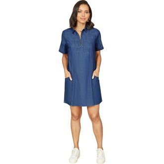Yumi Cotton Chambray Zip Neckline Dress in Blue at Nordstrom, Size 10