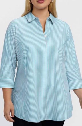 Foxcroft Cici Stripe Cotton Tunic Blouse in Capri Blue/White at Nordstrom, Size 20W