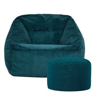 Icon Brand Corduroy Bean Bag Armchair & Round Beanbag Footstool in Teal
