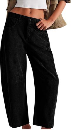 Generic Vintage Corduroy Trousers Women Button Elasticated Waist Cord Pants Winter Warm Casual Trousers with Pockets Ladies Comfy Loose Fit Straight Wide Leg 