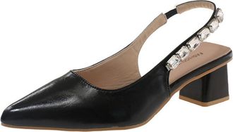 Generic Womens Closed Pointed Toe Block Heel Pumps Sandals Ankle Strap Rhinestones Decor Slip On Work Party Dress Shoes (Black,7.5)