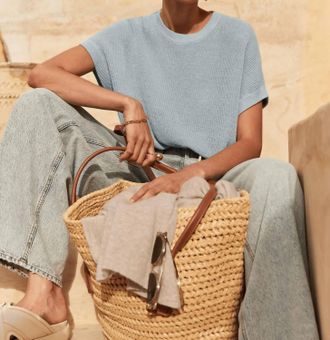 White + Warren Linen Ribbed Easy Tee In Dusty Blue