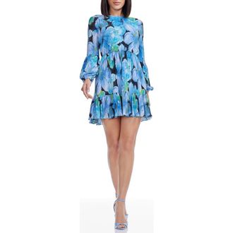 Dress The Population Aulani Floral Long Sleeve Minidress in Cobalt Multi at Nordstrom Rack, Size Xx-Small