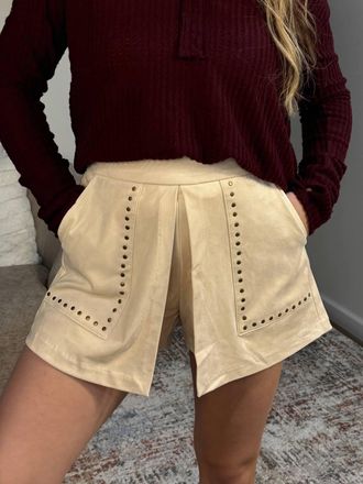 Merci Lynn Studded High Waist Suede Skort In Egg Shell