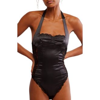 Free People Midnight Muse Lace Inset Satin Bodysuit in Black at Nordstrom Rack, Size X-Small