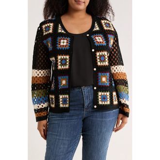 Forgotten Grace Crochet Square Cardigan in Black/Cream/Blue at Nordstrom Rack, Size 2X