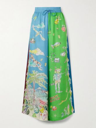 Alemais + Anouk Colantoni Pantaloni A Gamba Larga In Twill Di Seta Stampato Con Decorazioni Daria - Verde