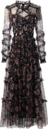 Generic Women Fashion Dress Bohemian Floral Print Net Yarn Cascading Ruffle Dresses Black 3XL