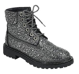 Forever Link Womens Rhinestone Lace Up Combat Ankle Boots, Black Rhinestone, 4.5 UK