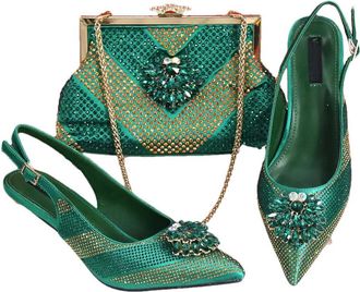 Generic Womens Luxury Rhinestone Flowers Pointed Toe Stiletto High Heel Shoes and Gold Long Chain Shoulder Strap Bags