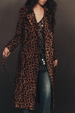 Avec Les Filles Flocked Velvet Animal Print Trench Coat Jacket