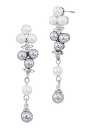Savvy Cie Jewels RHODIUM PLATED FAUX PEARLS AND CZ CASCADE DANGLE EARRINGS