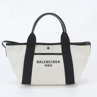 Balenciaga Black Off-White Leather Canvas Handbag Tote Bag (Pre-Owned)