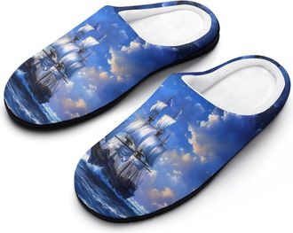 Generic Sailing Ship And Moon Womens Slippers Warm House Slippers Indoor House Shoes with Anti-Skid Rubber Sole