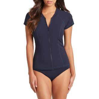 Sea Level Australia Zip-Up Short Sleeve Rashguard Top in Night Sky at Nordstrom Rack, Size 14 Us / 18 Au