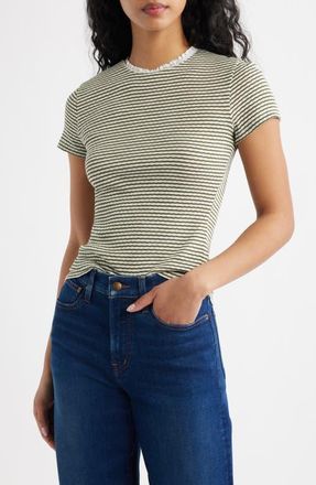 Madewell Textured Knit Crewneck Top in Textured Rib Stripe Olive Moss at Nordstrom, Size Xx-Small