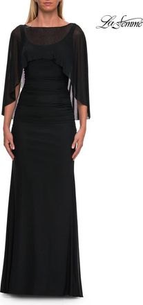 La Femme Jersey Gown with Sheer Beaded Cape Overlay in Black at Nordstrom, Size 12